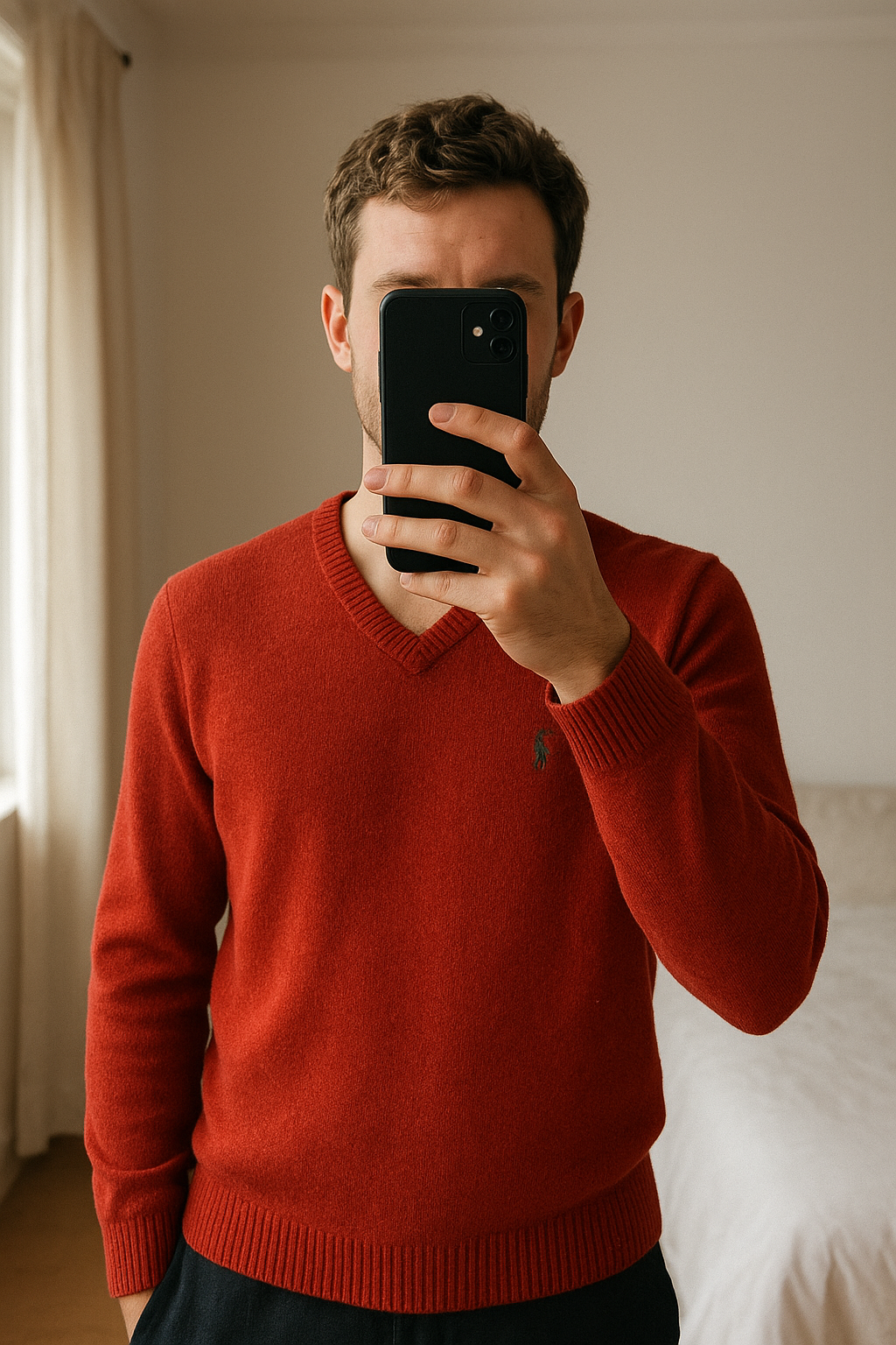 Pull Col V Polo Ralph Lauren Homme Taille XL debout, face à la caméra, dans une chambre à la lumière douce, avec une lumière naturelle filtrant par la fenêtre.