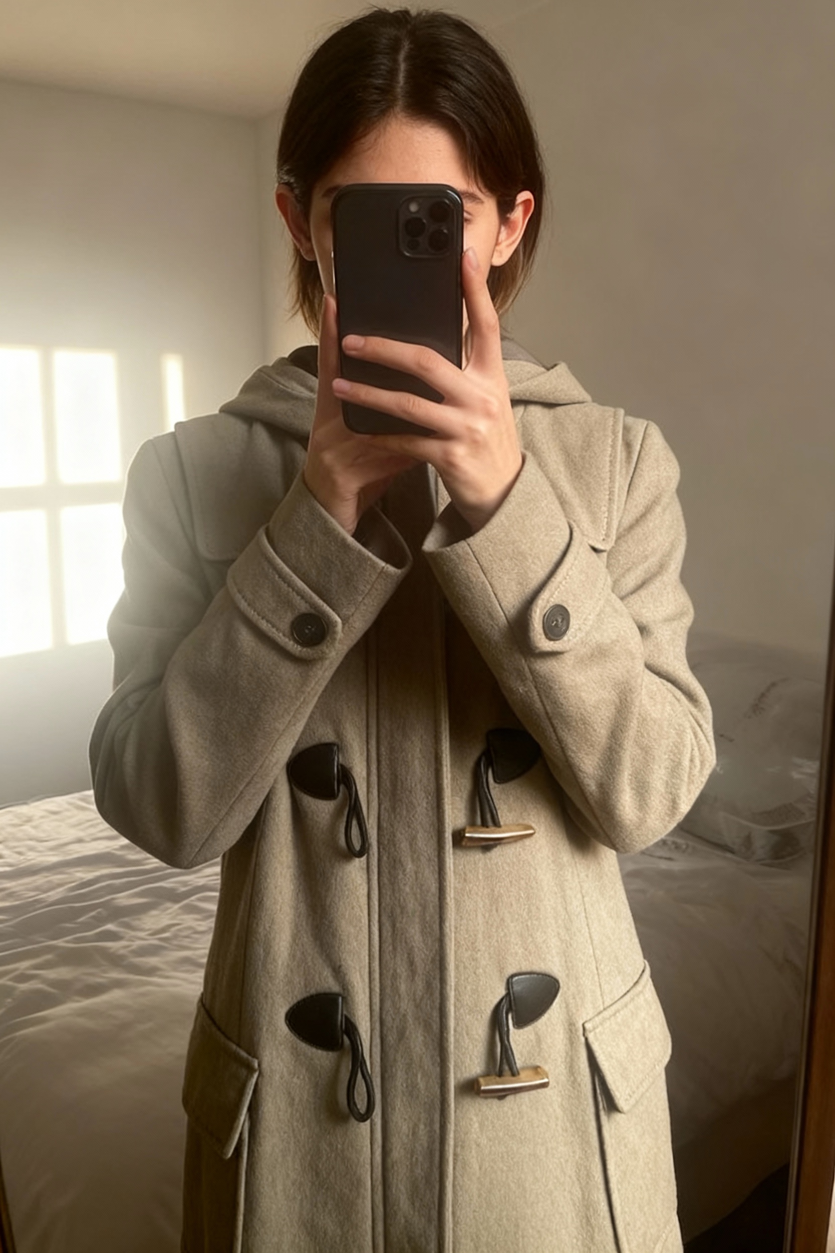 Manteau beige debout, face à la caméra, dans une chambre à la lumière douce, avec une lumière naturelle filtrant par la fenêtre.