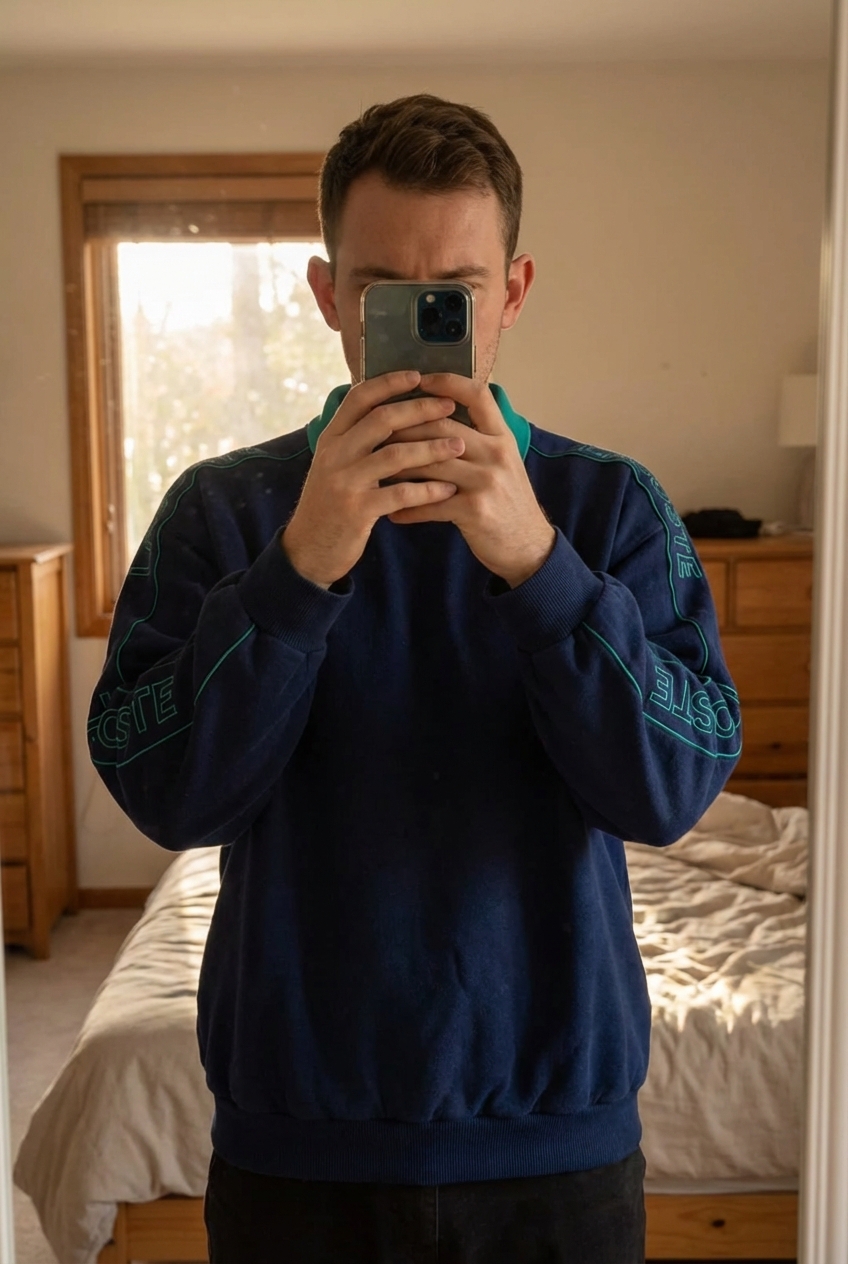 Pull Vintage Année 2000 Lacoste Club Made in Spain 60% Coton Bleu Marine L Oversize debout, face à la caméra, dans une chambre à la lumière douce, avec une lumière naturelle filtrant par la fenêtre.