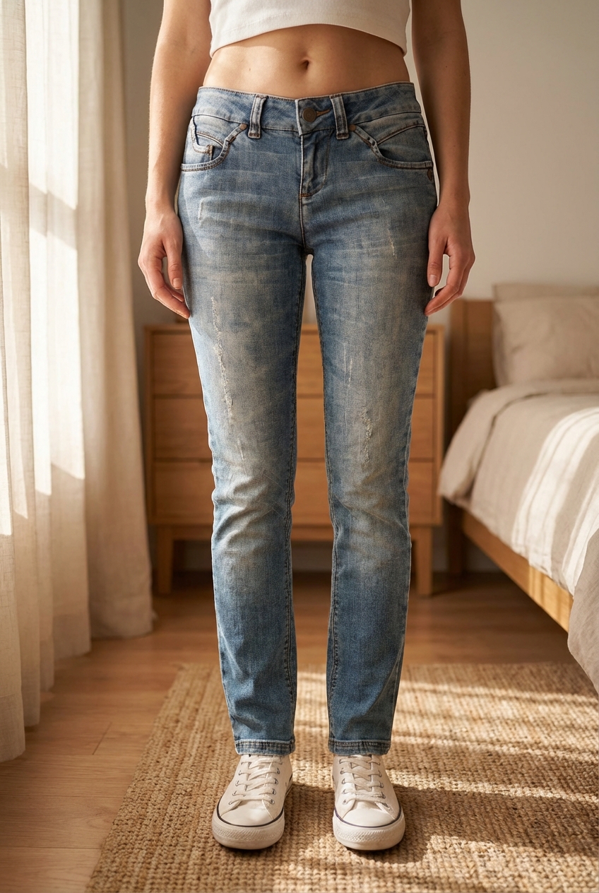 Jeans skinny femme 27/32 / 36 in piedi, rivolto verso la fotocamera, in una camera da letto con luce soffusa e luce naturale che filtra dalla finestra.