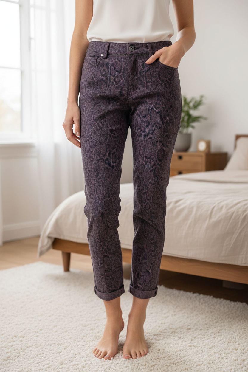 Brax, Hose, lila, Leopardenprint, Modell Maron, Gr 34, neu, NP 99,95€ aufrecht stehend, der Kamera zugewandt, in einem sanft beleuchteten Schlafzimmer, mit natürlichem Licht, das durch ein Fenster fällt.