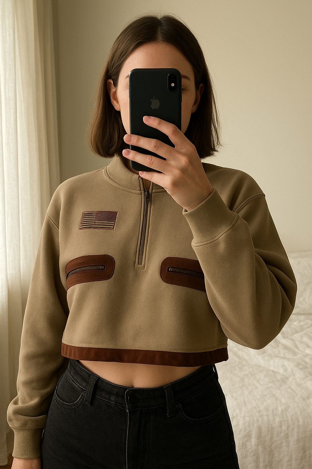 Nike WMNS Pullover x Travis Scott debout, face à la caméra, dans une chambre à la lumière douce, avec une lumière naturelle filtrant par la fenêtre.
