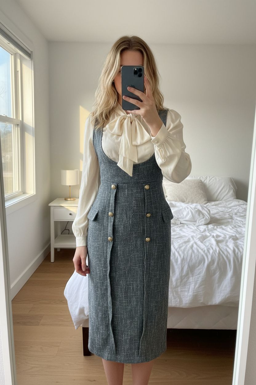 Robe d’été longue sans manches debout, face à la caméra, dans une chambre à la lumière douce, avec une lumière naturelle filtrant par la fenêtre.