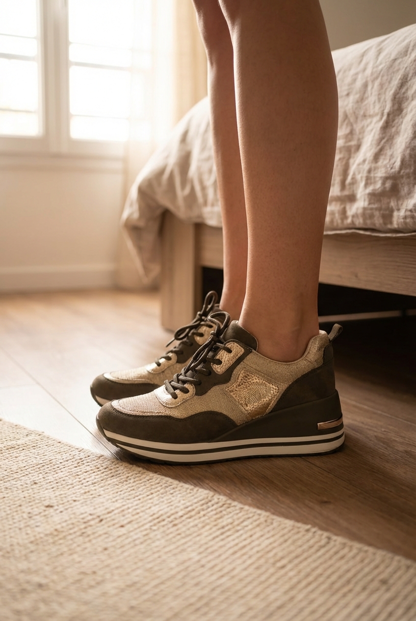 Baskets presque neuves debout, face à la caméra, dans une chambre à la lumière douce, avec une lumière naturelle filtrant par la fenêtre.