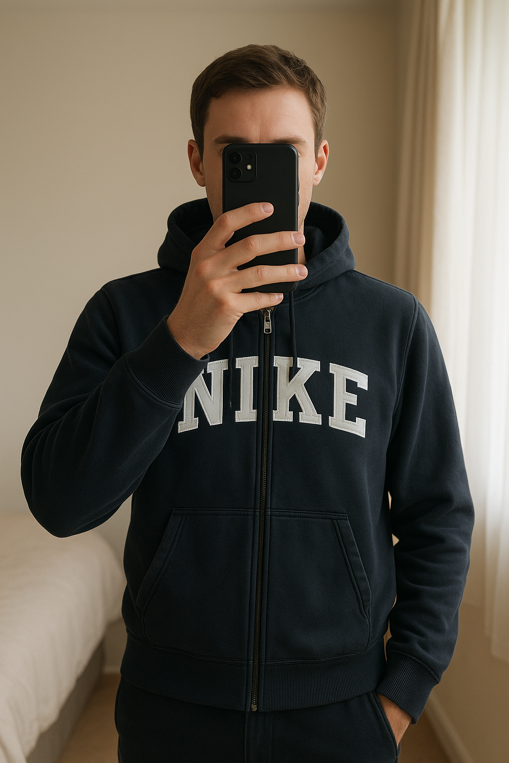 Bluza rozpinana nike boxy spell out boxy baggy hoodie y2k vintage 00s streetwear swoosh sport standing straight facing the camera, in a softly lit bedroom setting, with gentle natural light filtering through a window.