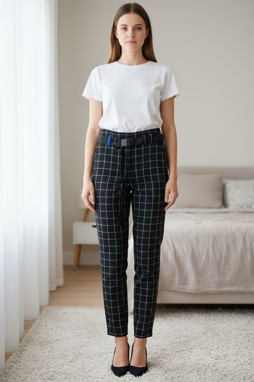 Pantalon lumos debout, face à la caméra, dans une chambre à la lumière douce, avec une lumière naturelle filtrant par la fenêtre.