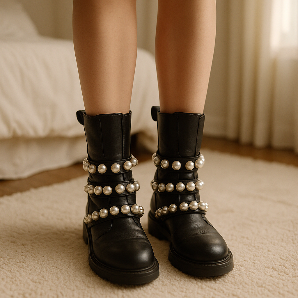 Bottines femme taille 36 debout, face à la caméra, dans une chambre à la lumière douce, avec une lumière naturelle filtrant par la fenêtre.