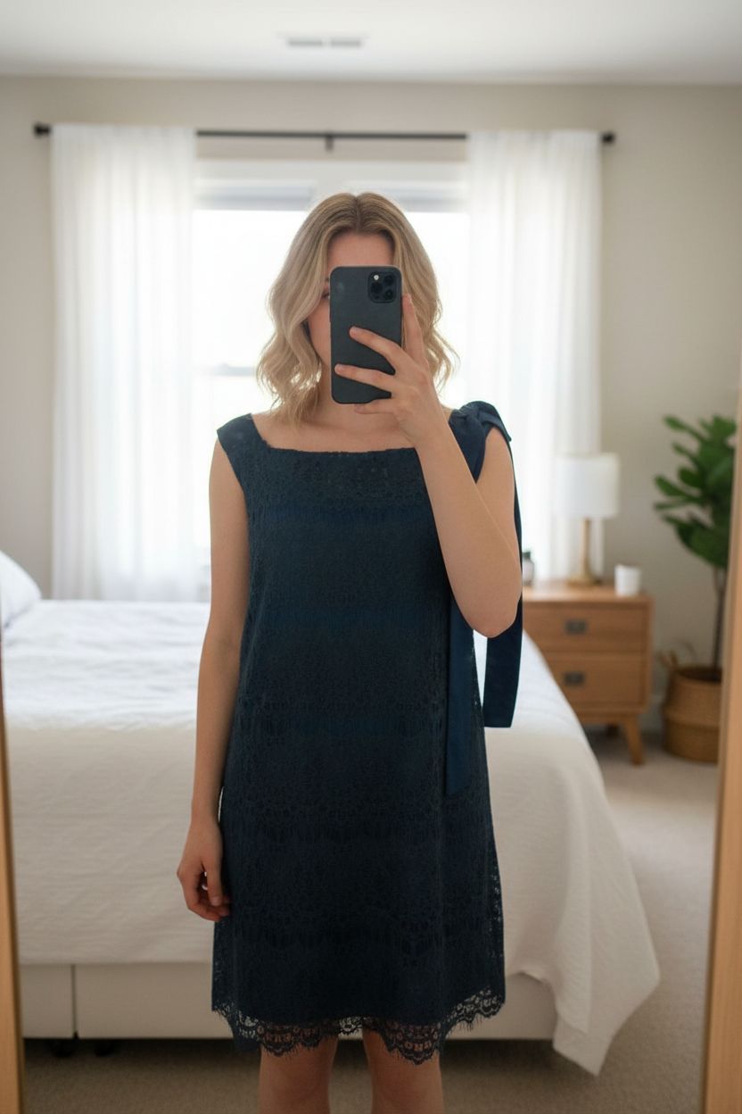 Robe orthia debout, face à la caméra, dans une chambre à la lumière douce, avec une lumière naturelle filtrant par la fenêtre.