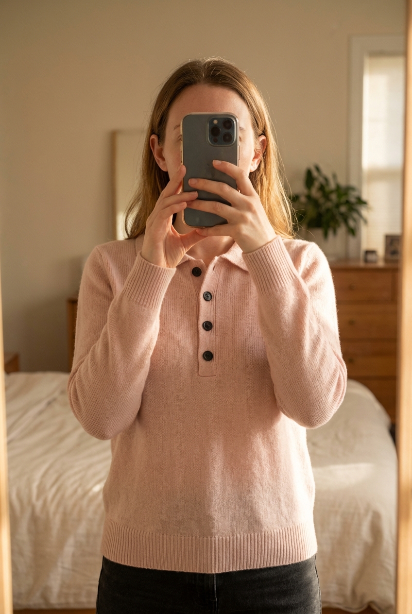 Light pink / rose cashmere sweater button front sz Small Galleries Lafayette 100% cashmere debout, face à la caméra, dans une chambre à la lumière douce, avec une lumière naturelle filtrant par la fenêtre.