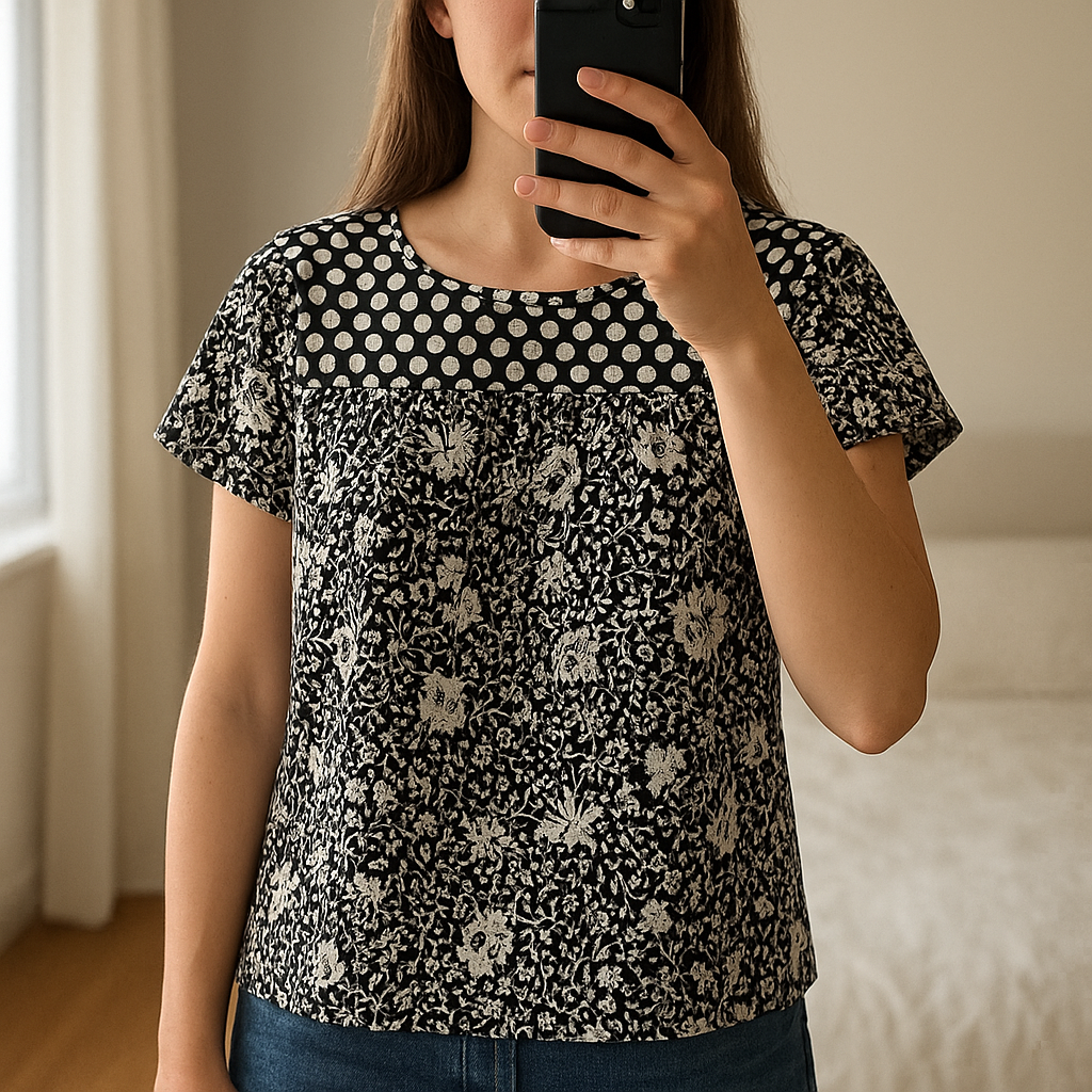 Tee shirt debout, face à la caméra, dans une chambre à la lumière douce, avec une lumière naturelle filtrant par la fenêtre.