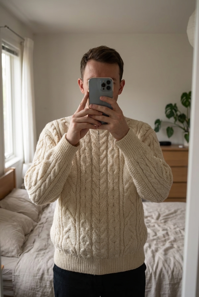 Pull Fait Main Tricot Aran Wool Sweater 100% Laine Blanc Beige Aran Craft L debout, face à la caméra, dans une chambre à la lumière douce, avec une lumière naturelle filtrant par la fenêtre.