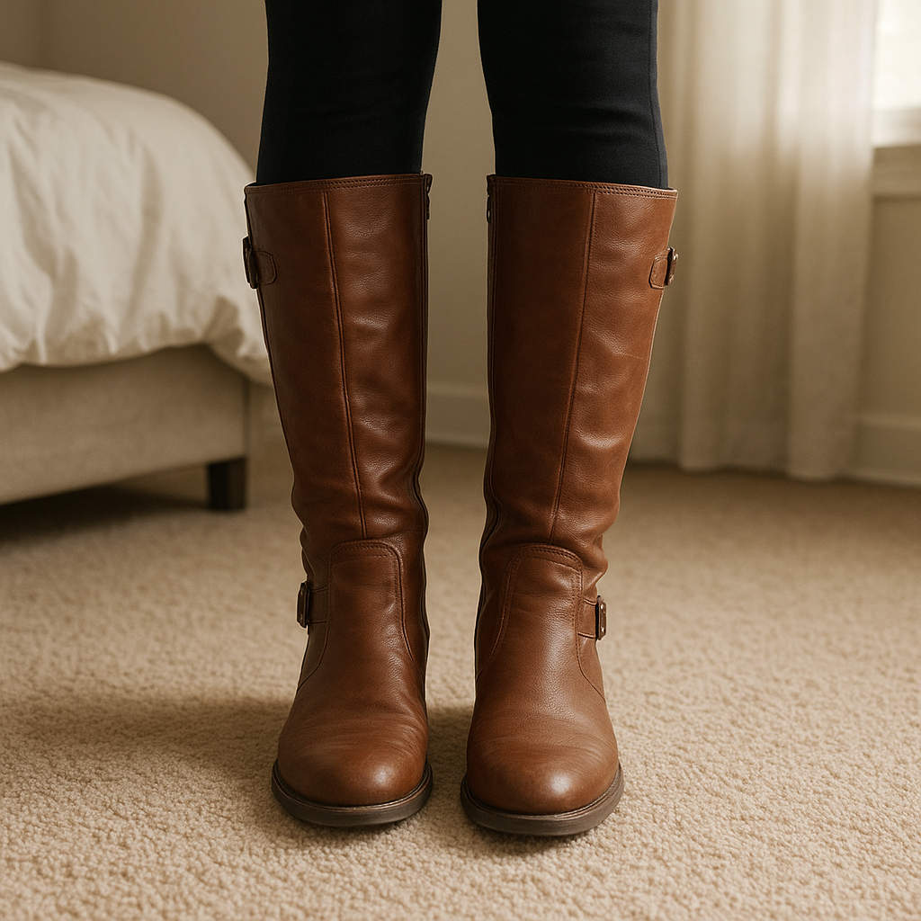 Braune Kunstleder Stiefel mit Reißverschluss – beschädigt aufrecht stehend, der Kamera zugewandt, in einem sanft beleuchteten Schlafzimmer, mit natürlichem Licht, das durch ein Fenster fällt.