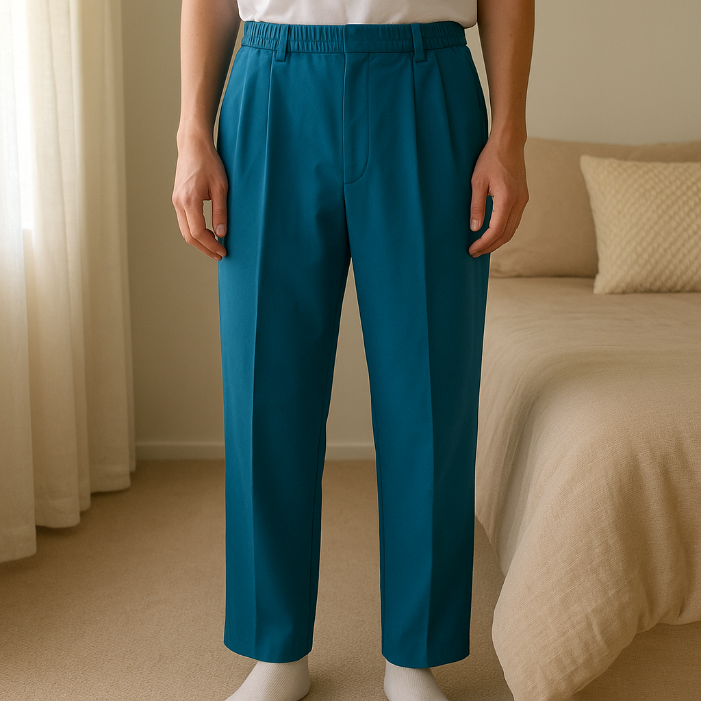 Pantaloni eleganti a palazzo in piedi, rivolto verso la fotocamera, in una camera da letto con luce soffusa e luce naturale che filtra dalla finestra.