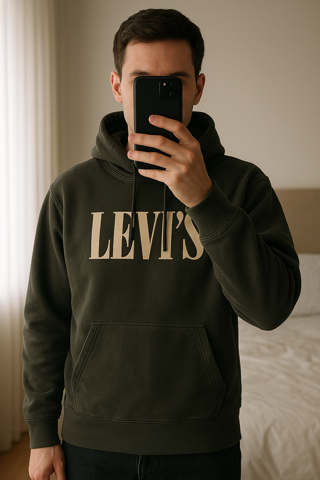 Sweat Levi’s Vintage debout, face à la caméra, dans une chambre à la lumière douce, avec une lumière naturelle filtrant par la fenêtre.
