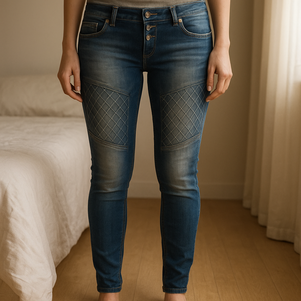 Jeans donna elasticizzati XL (46) stile contemporaneo e comfort impeccabile in piedi, rivolto verso la fotocamera, in una camera da letto con luce soffusa e luce naturale che filtra dalla finestra.