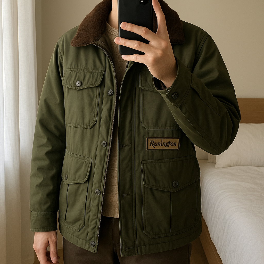 Veste de chasse chaude – Taille XL – Remington – Neuve sans étiquette debout, face à la caméra, dans une chambre à la lumière douce, avec une lumière naturelle filtrant par la fenêtre.