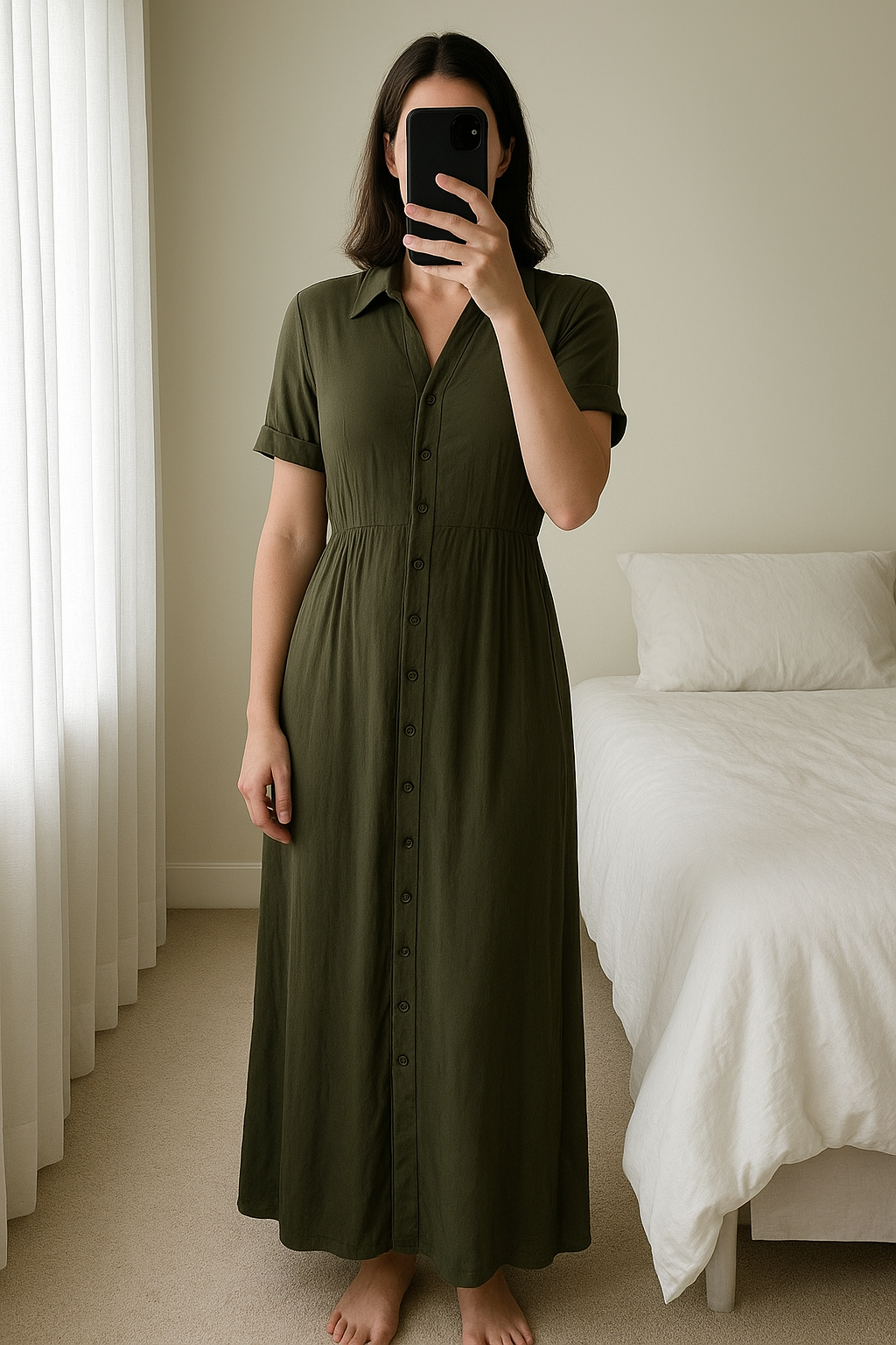 Khaki Midi Dress standing straight facing the camera, in a softly lit bedroom setting, with gentle natural light filtering through a window.