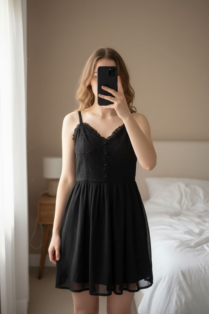 Robe en dentelle noir M - mini Abito Nero M in piedi, rivolto verso la fotocamera, in una camera da letto con luce soffusa e luce naturale che filtra dalla finestra.