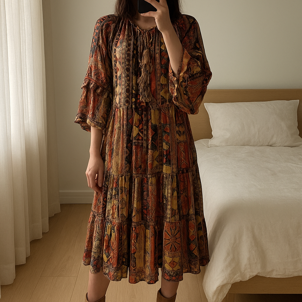 Robe Miss June Paris debout, face à la caméra, dans une chambre à la lumière douce, avec une lumière naturelle filtrant par la fenêtre.