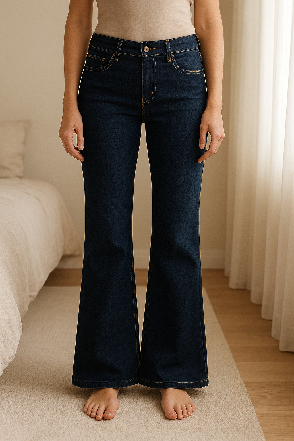 Jean Pimkie - Bootcut 90s debout, face à la caméra, dans une chambre à la lumière douce, avec une lumière naturelle filtrant par la fenêtre.