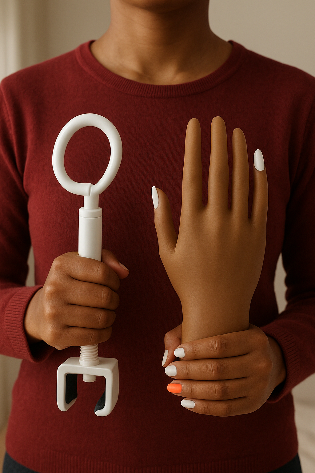 Main faux ongles en très bon état debout, face à la caméra, dans une chambre à la lumière douce, avec une lumière naturelle filtrant par la fenêtre.