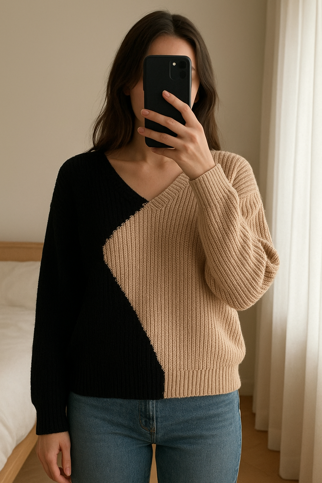 Pull maille debout, face à la caméra, dans une chambre à la lumière douce, avec une lumière naturelle filtrant par la fenêtre.