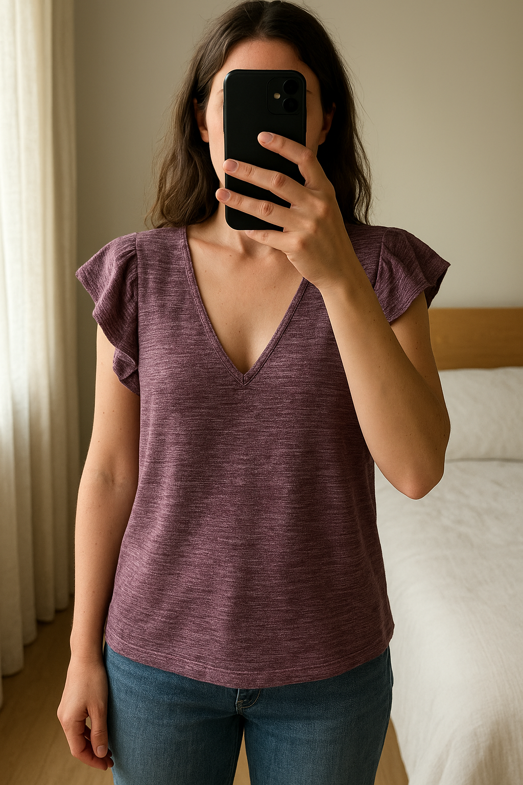 Top pailleté violet à volants debout, face à la caméra, dans une chambre à la lumière douce, avec une lumière naturelle filtrant par la fenêtre.