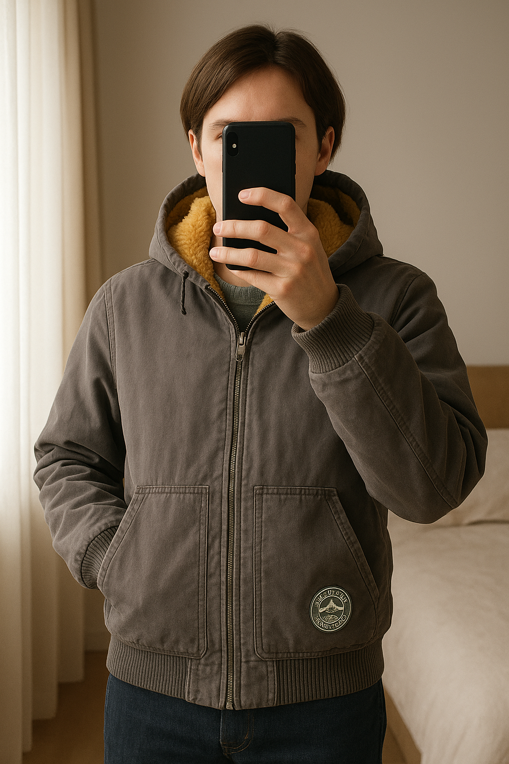 Doudoune enfant Kiabi debout, face à la caméra, dans une chambre à la lumière douce, avec une lumière naturelle filtrant par la fenêtre.