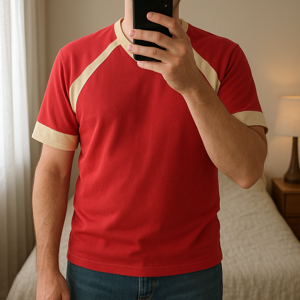 T-shirt Vintage 90's Taille S Homme debout, face à la caméra, dans une chambre à la lumière douce, avec une lumière naturelle filtrant par la fenêtre.