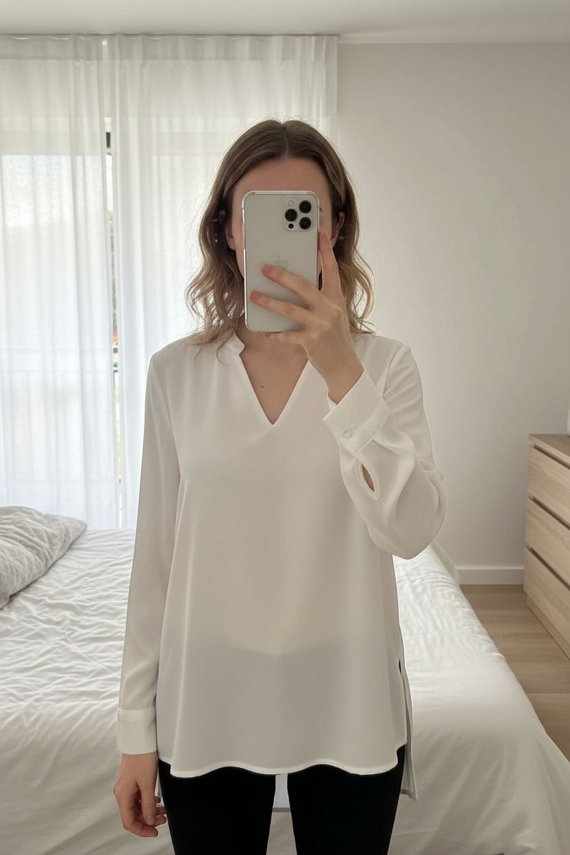 Blouse blanche*zara* manche longue debout, face à la caméra, dans une chambre à la lumière douce, avec une lumière naturelle filtrant par la fenêtre.