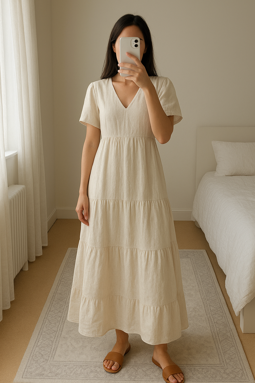 Robe longue tres bon état debout, face à la caméra, dans une chambre à la lumière douce, avec une lumière naturelle filtrant par la fenêtre.
