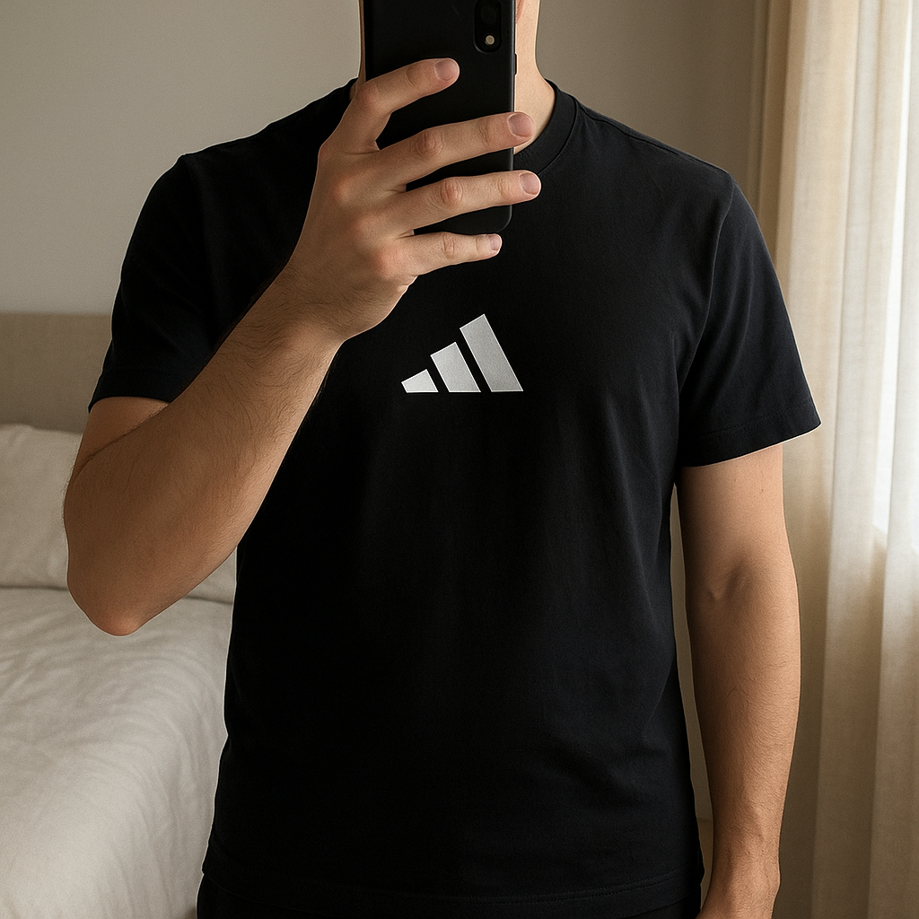 T-shirt noir Adidas debout, face à la caméra, dans une chambre à la lumière douce, avec une lumière naturelle filtrant par la fenêtre.