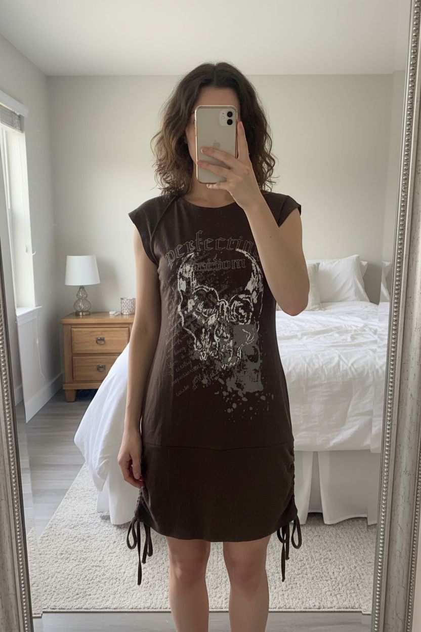 A person in Vintage Y2K brown skull print mini dress standing straight facing the camera, in a softly lit bedroom setting, with gentle natural light filtering through a window.