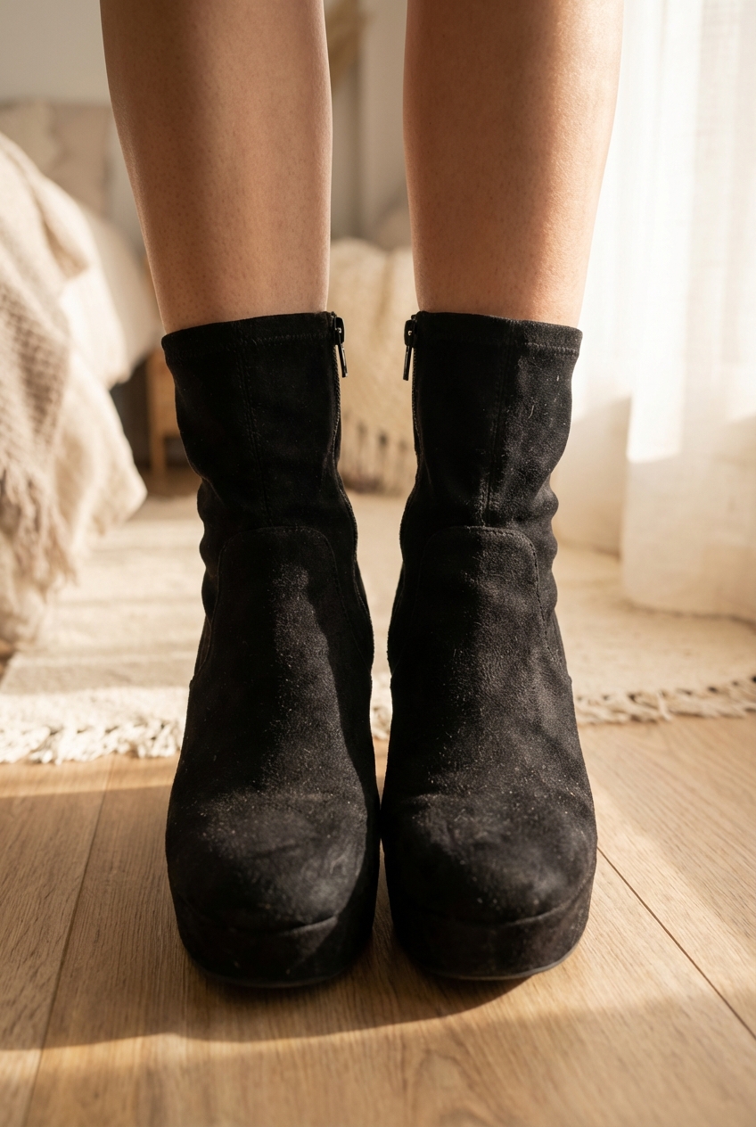 Boots noire de pie, mirando a la cámara, en un dormitorio con luz suave y natural filtrándose por la ventana.