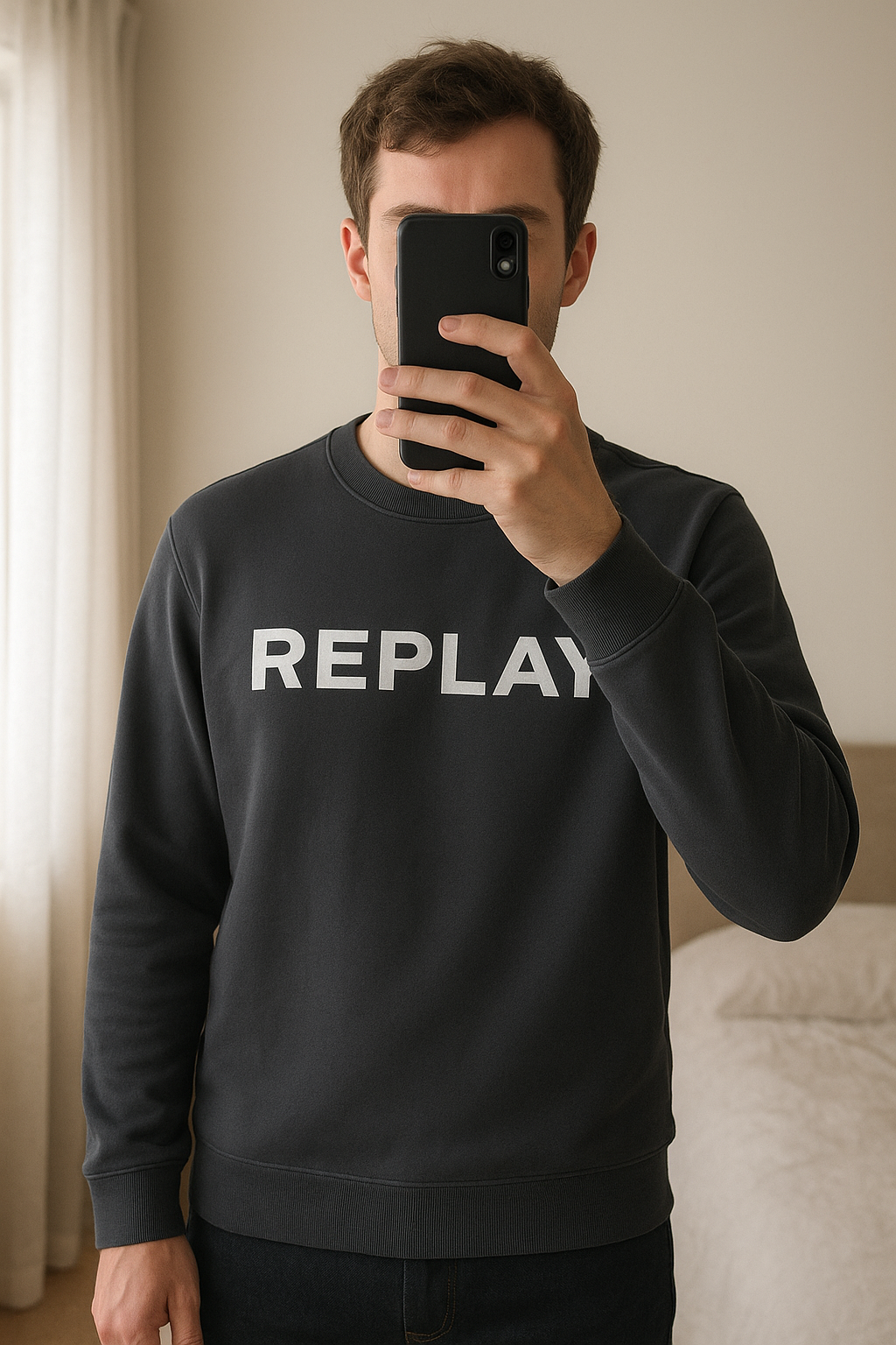 Sweat pull noir Xl marque replay debout, face à la caméra, dans une chambre à la lumière douce, avec une lumière naturelle filtrant par la fenêtre.