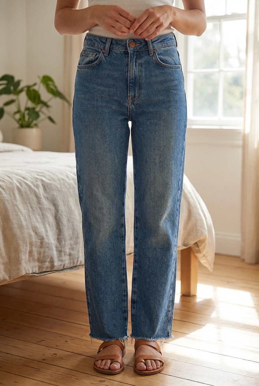 Jean ZARA femme taille 38 coupe droite vintage ourlet effiloché debout, face à la caméra, dans une chambre à la lumière douce, avec une lumière naturelle filtrant par la fenêtre.
