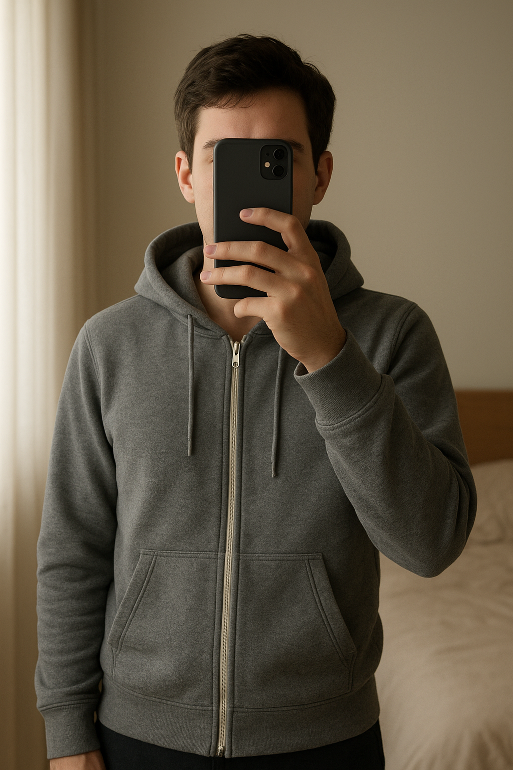 Gilet gris Gémo debout, face à la caméra, dans une chambre à la lumière douce, avec une lumière naturelle filtrant par la fenêtre.