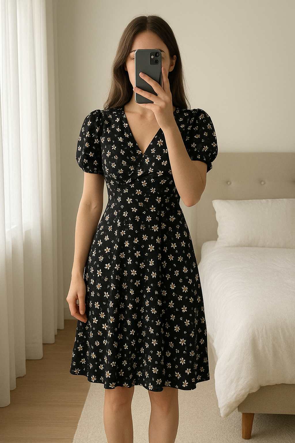 Gorgeous size 1XL black and white daisy print dress standing straight facing the camera, in a softly lit bedroom setting, with gentle natural light filtering through a window.