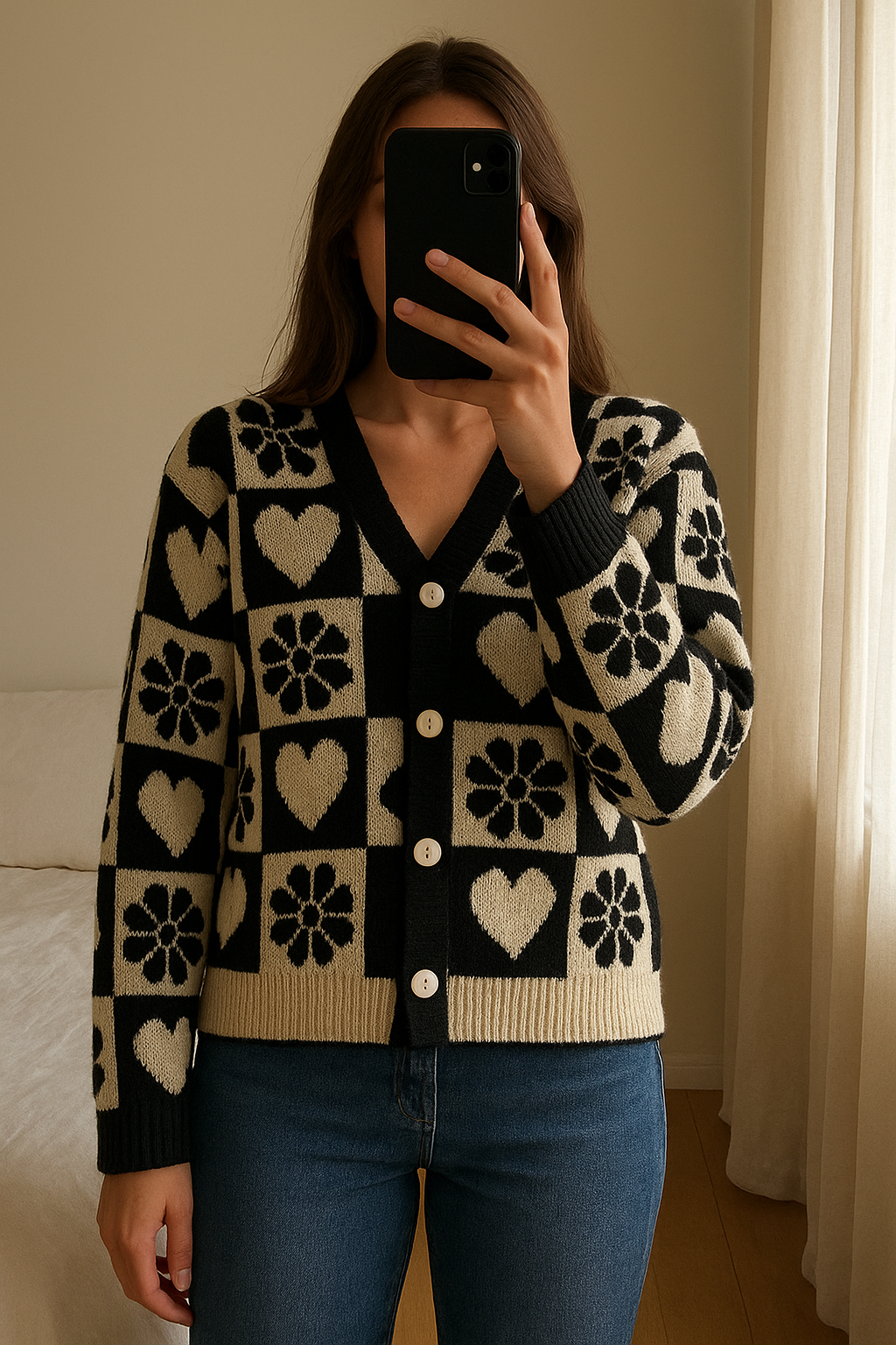 Cardigan noir et blanc debout, face à la caméra, dans une chambre à la lumière douce, avec une lumière naturelle filtrant par la fenêtre.