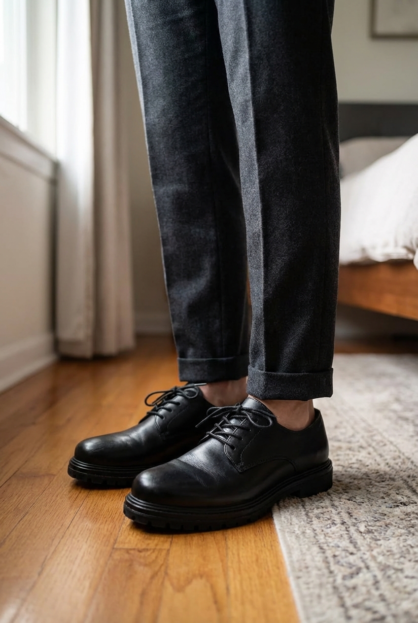 Mocassins / chaussures de Ville debout, face à la caméra, dans une chambre à la lumière douce, avec une lumière naturelle filtrant par la fenêtre.
