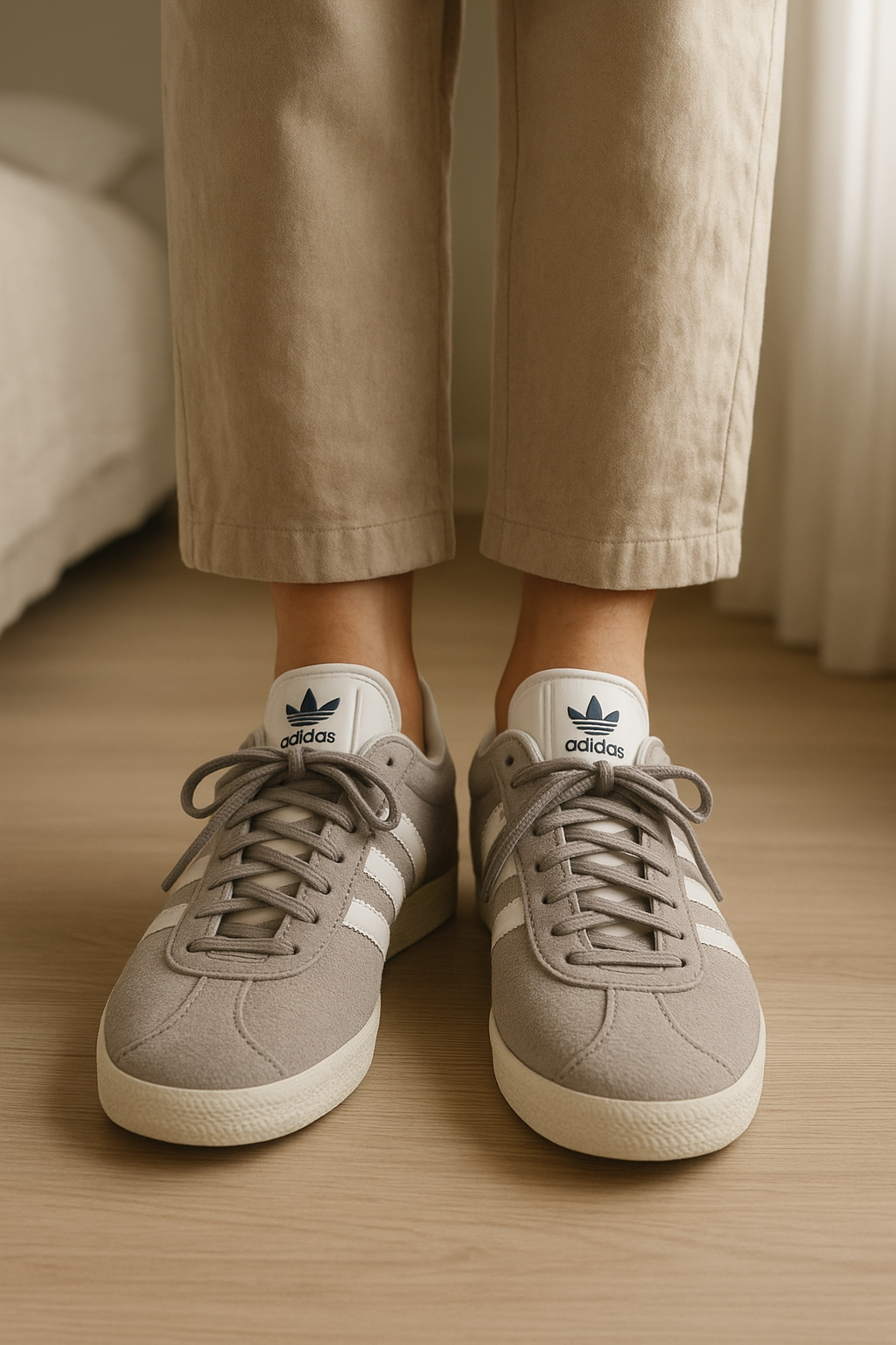Adidas Gazelle OG debout, face à la caméra, dans une chambre à la lumière douce, avec une lumière naturelle filtrant par la fenêtre.