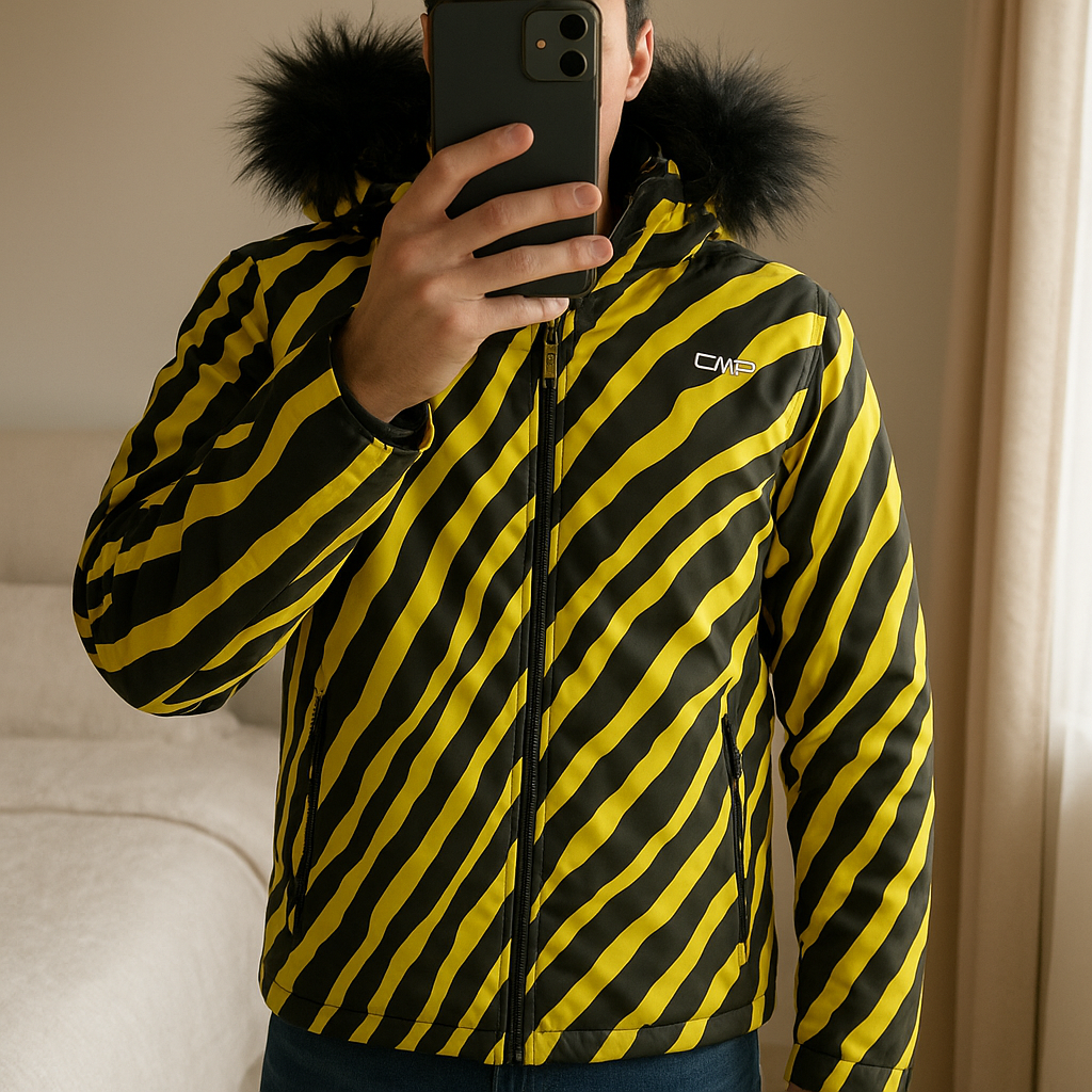 Giacca da sci in piedi, rivolto verso la fotocamera, in una camera da letto con luce soffusa e luce naturale che filtra dalla finestra.