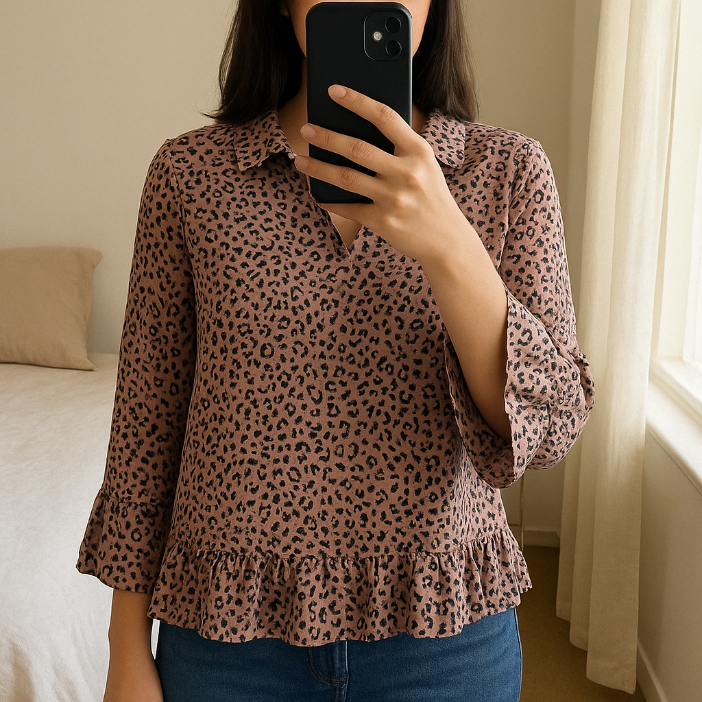 Blouse créateur indépendant debout, face à la caméra, dans une chambre à la lumière douce, avec une lumière naturelle filtrant par la fenêtre.