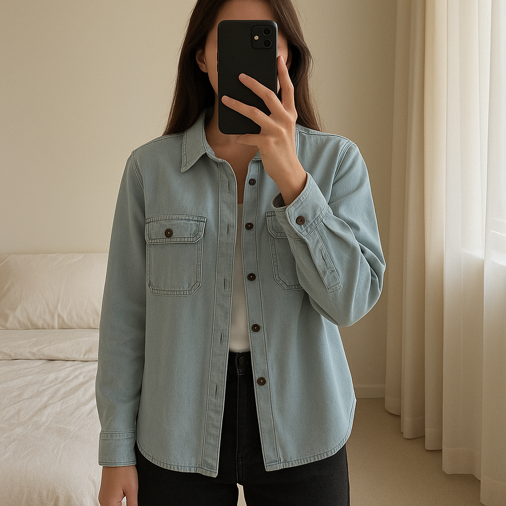 Chemise en jean bleu clair femme Gemo – 100% coton – Taille 40 debout, face à la caméra, dans une chambre à la lumière douce, avec une lumière naturelle filtrant par la fenêtre.