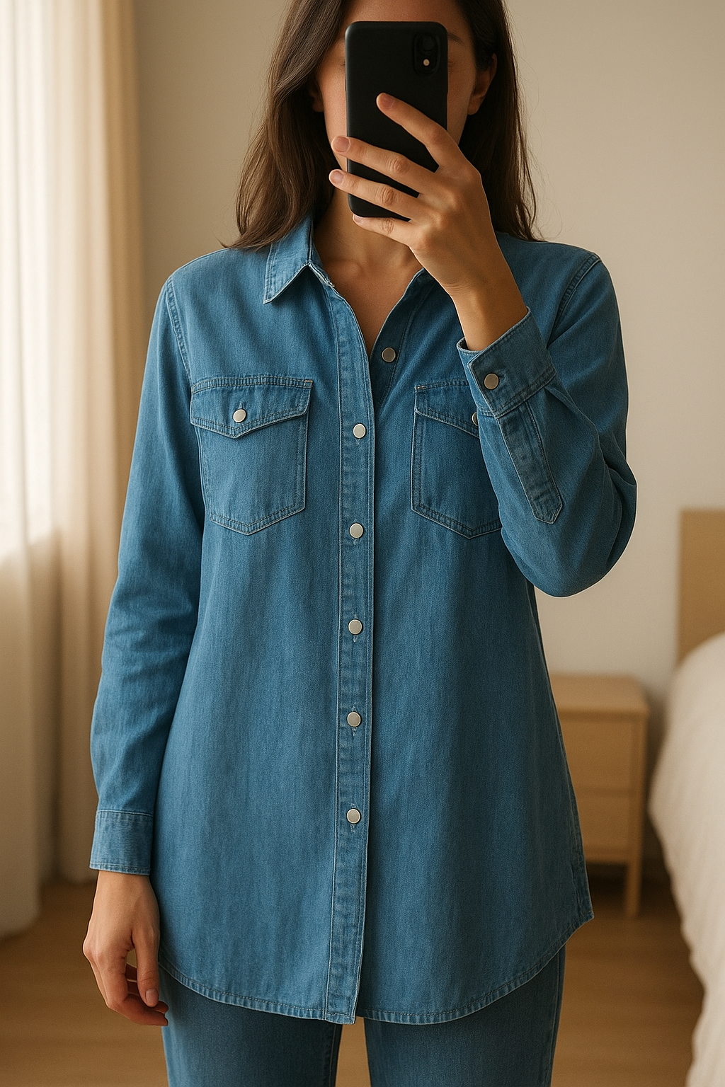 Camicia di jeans oversize stile casual Made in Italy in piedi, rivolto verso la fotocamera, in una camera da letto con luce soffusa e luce naturale che filtra dalla finestra.