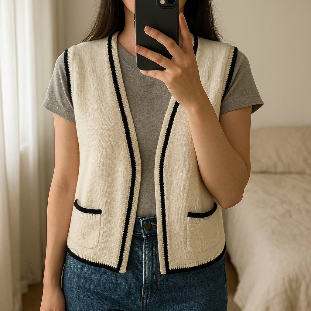 Gilet sans manches debout, face à la caméra, dans une chambre à la lumière douce, avec une lumière naturelle filtrant par la fenêtre.