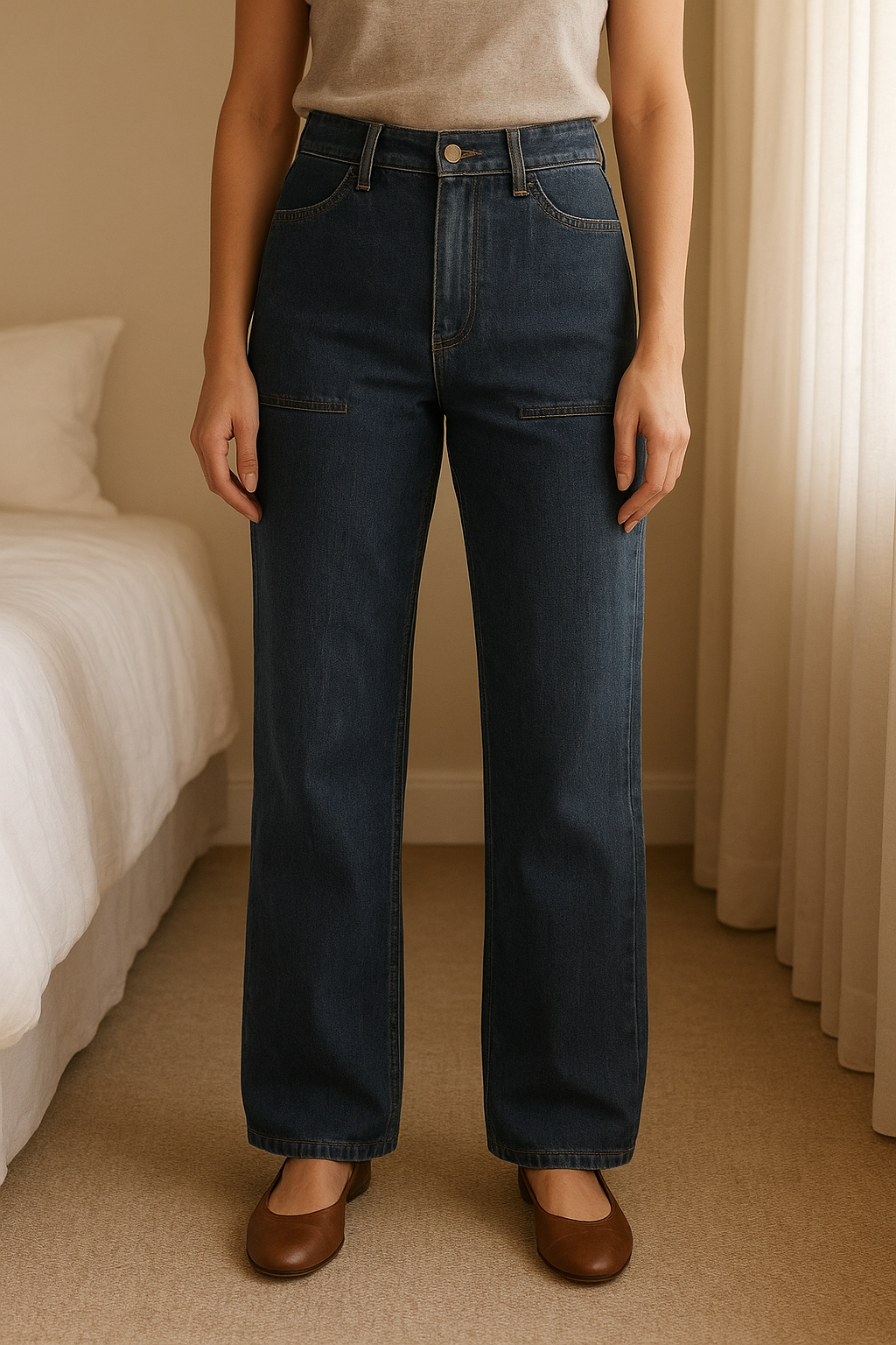 Primark edit dark denim size 20 wide leg high waisted jeans standing straight facing the camera, in a softly lit bedroom setting, with gentle natural light filtering through a window.