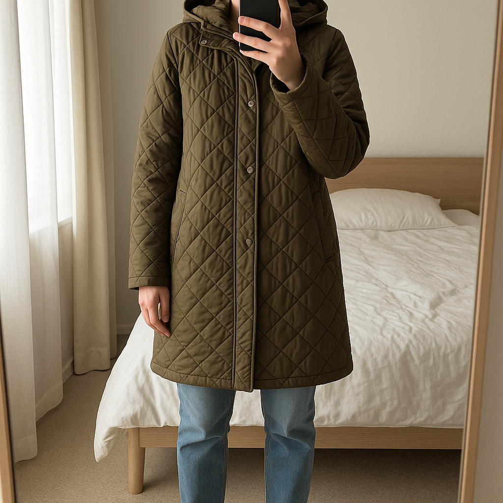 Übergangssteppjacke Marc O'Polo Gr. L aufrecht stehend, der Kamera zugewandt, in einem sanft beleuchteten Schlafzimmer, mit natürlichem Licht, das durch ein Fenster fällt.