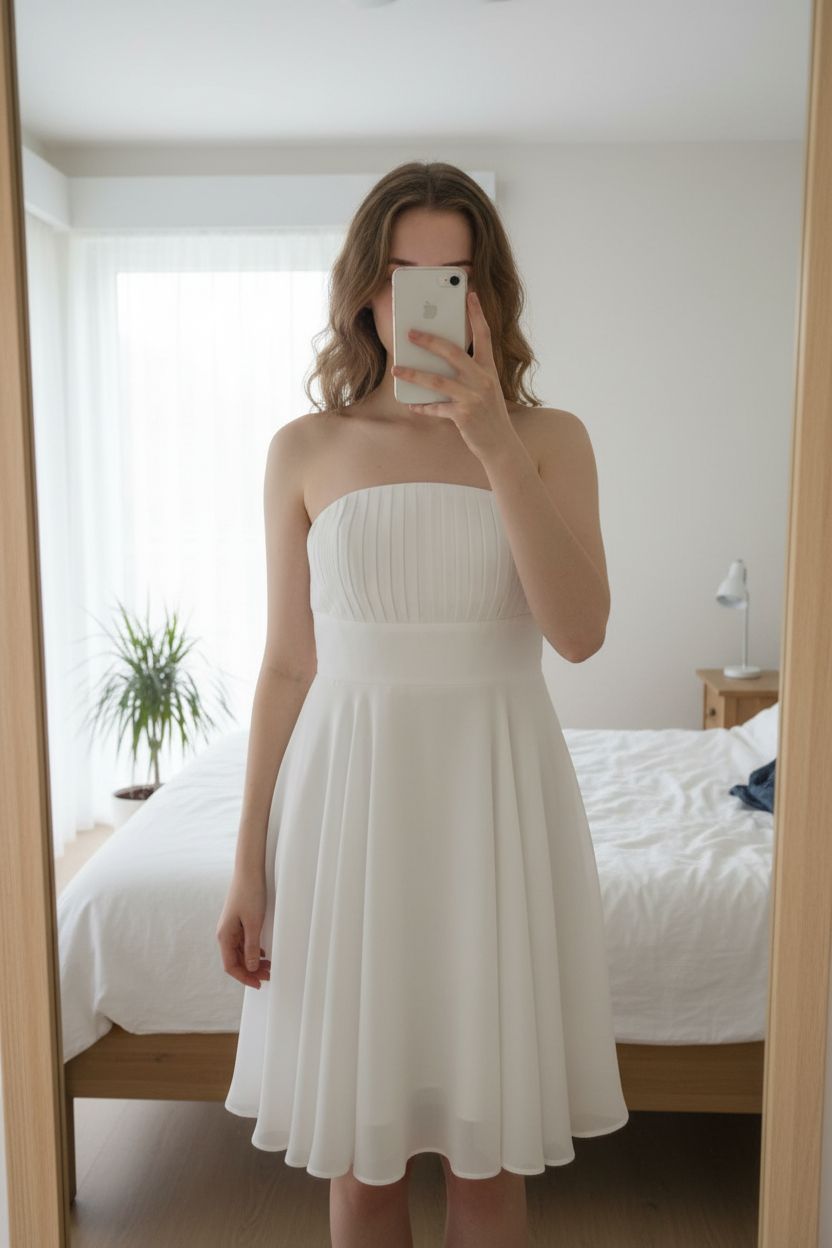 Robe bustier blanc taille L debout, face à la caméra, dans une chambre à la lumière douce, avec une lumière naturelle filtrant par la fenêtre.