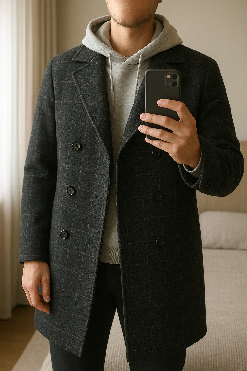 Manteau homme laine taille L Gris anthracite a carreaux debout, face à la caméra, dans une chambre à la lumière douce, avec une lumière naturelle filtrant par la fenêtre.